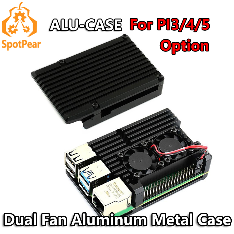 Pi 4 Case - เคสโลหะอะลูมิเนียมพร้อมพัดลมคู่สำหรับ Raspberry Pi5/4/3 (ตัวเลือก)